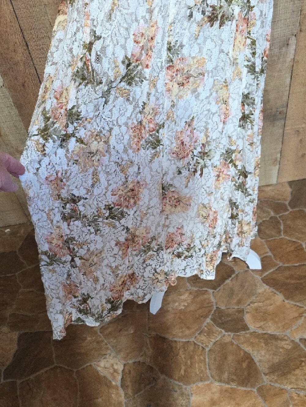 Floral Lace V-Neck Rayon Maxi Dress in Ivory and Peach - Picture 5 of 10